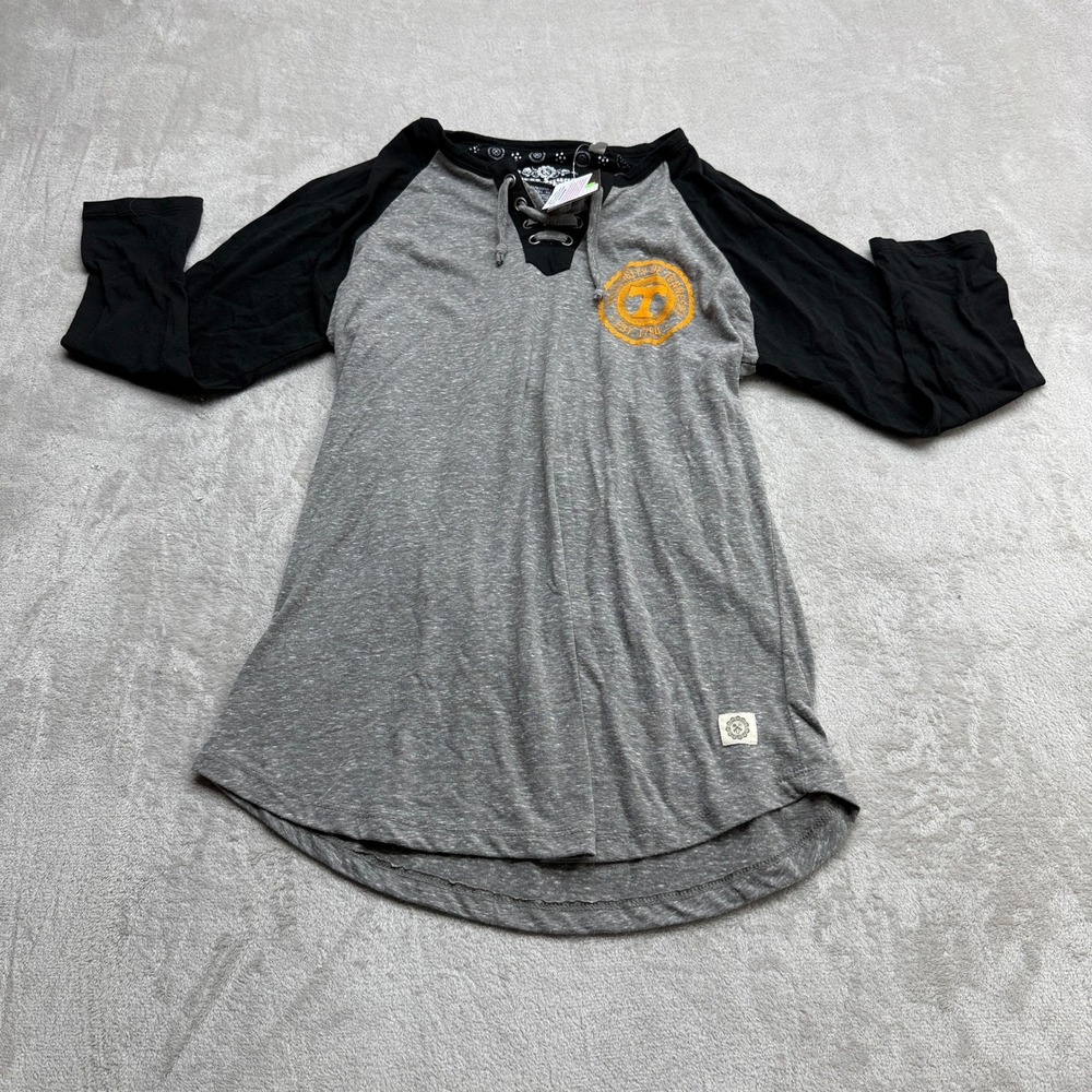 Three‎ Square Raglan Top Women Large Grey Good Tennessee Vols Lace Up V-Neck